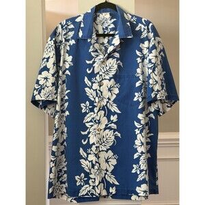 VTG Men's Aloha Rebuplic Hawaiin Shirt Blue/White Hibiscus Print Sz XXL